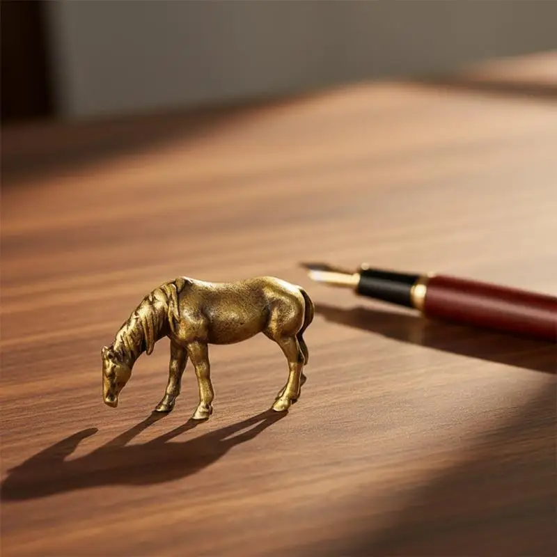 Antique Brass Solid Long Tail Horse Figurines Miniatures Feng Shui Ornaments Copper Zodiac Animal Mini Desktop Decoration Crafts