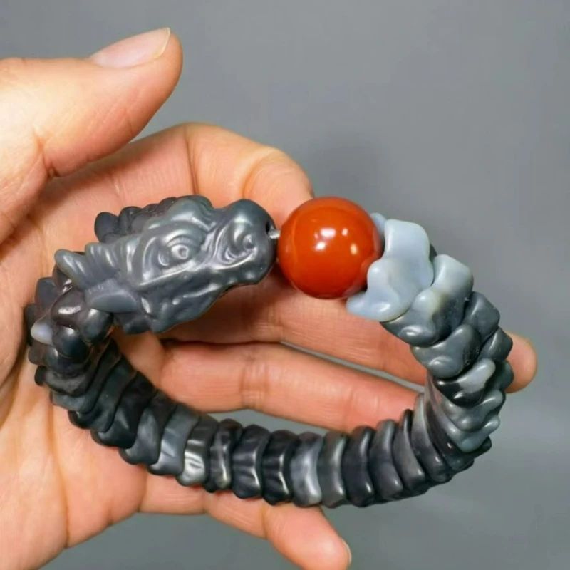 Natural Hotan Jade Hand-crafted Exquisitely Carved Dragon Bone Bracelet Domineering Fashion Men Women Coiled Dragon Amulet Gift