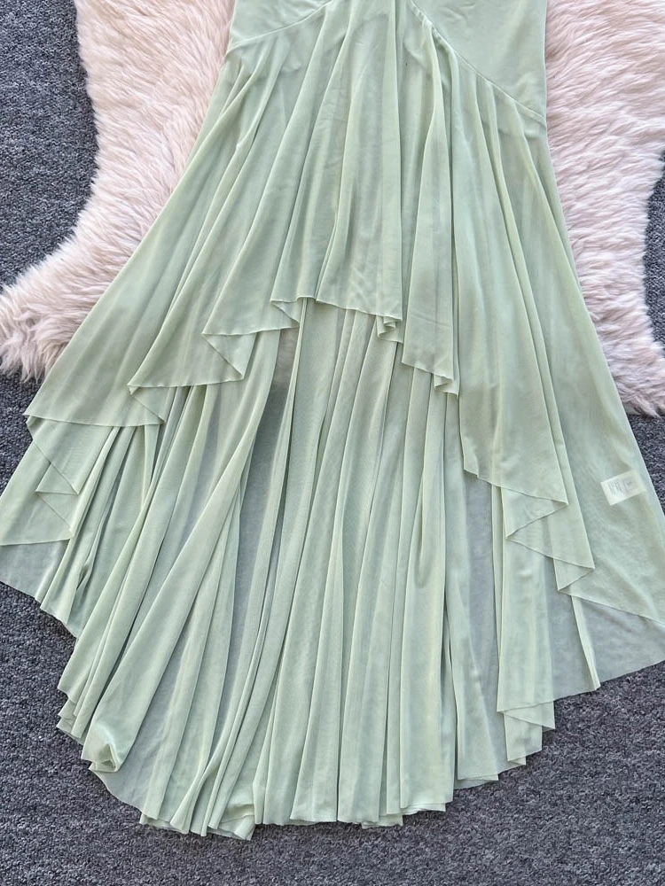 Foamlina عميق الخامس الرسن عارية الذراعين فستان طويل المرأة مثير بلا أكمام سليم بقماش شفاف المرقعة غير النظامية فستان ماكسي لحفلة الصيف