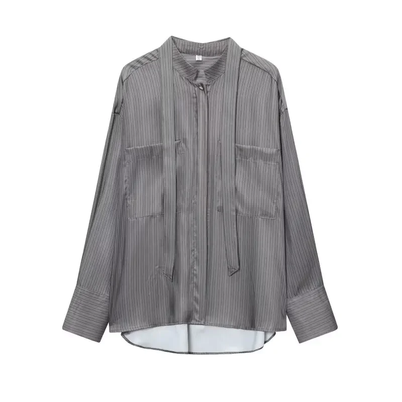

Satin Stripe Shirt Bow Collar Gray Casual Women Summer Full Sleeves Office Lady Double Pocket Design Streetwear Tops