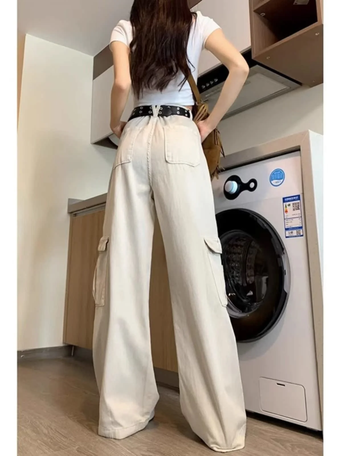 American sle workwear jeans cintura alta perna reta emagrecimento calças de perna larga primavera outono feminino faion casual denim