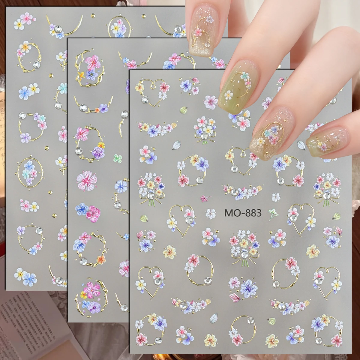 3/6/12 Sheets 5D Gold Floral Wreath Crystal Rhinestone Heart Garland French DIY Manicure Nail Art Stickers