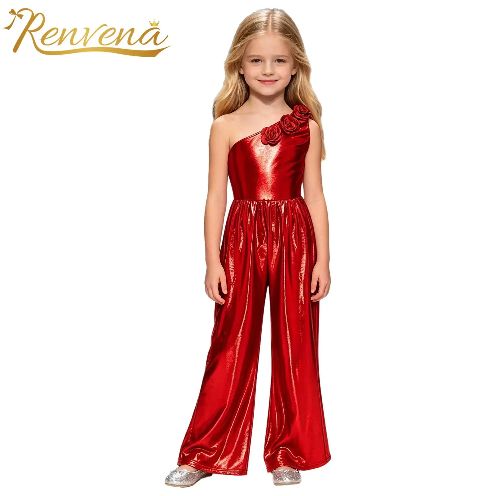 Kids Girls Metallic Rompers Children 3d Flower Jumpsuits Birthday Party Pageant Disco Outfit One Shoulder Sleeveless Jumpsuit