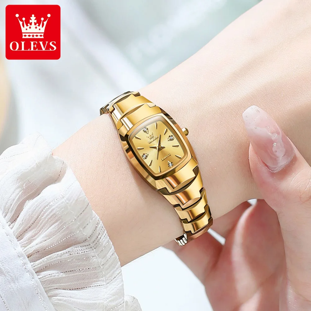 OLEVS Tonneau Tungsten Steel Watch for Women Luxury Brand Gold Quartz Ladies Watch Waterproof Original Quartz Women\'s Watches