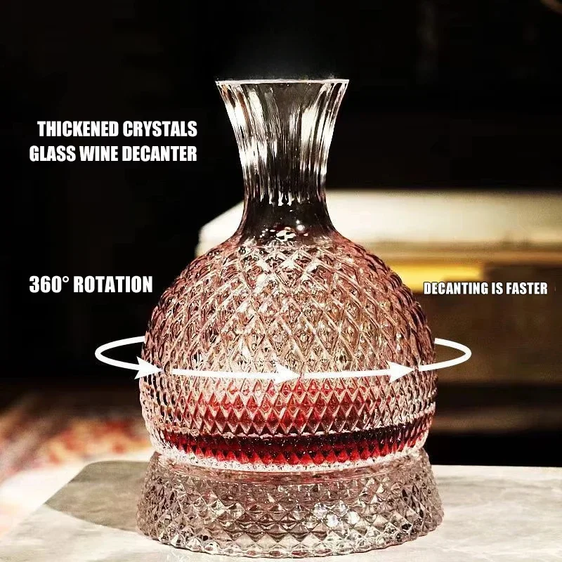 1500Ml High Grade Crystal Glass Decanter Gem Pattern 360 Rotating Decanter Wine Separator Champagne Brandy Whisky Bottle Gift