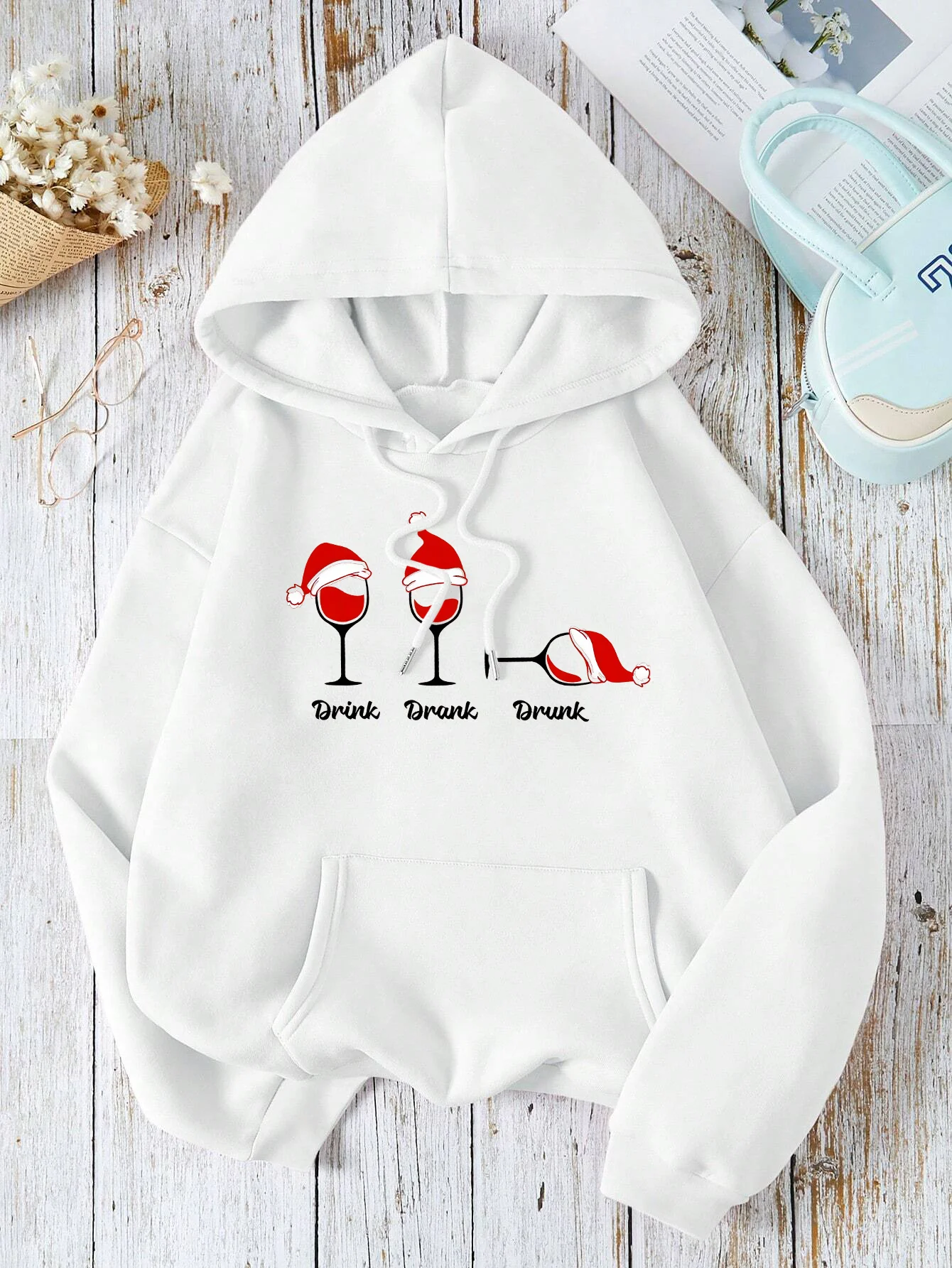 Printcess  Christmas drink print  sweatshirt，Christm Loose casual long sleeve hoodie with pockets，suitable autumn and winter