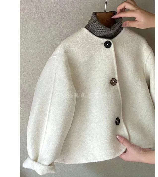 

Wool Korea Boys Girls Coat Autumn Spring New Tops Childrens Clothing Outerwear Round Collar 2024 Button Soild Fashion