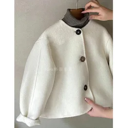 Wool Korea Boys Girls Coat Autumn Spring New Tops Childrens Clothing Outerwear Round Collar 2024 Button Soild Fashion