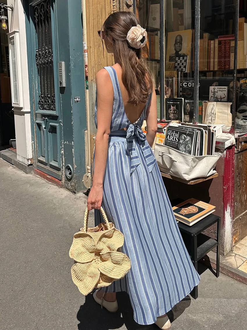 Marthaqiqi Striped Loose Ladies Nightgown Suit O-Neck Pajamas Tank Top Nightie Crop Top Sleepwear Long Skirts Casual Nightie Set