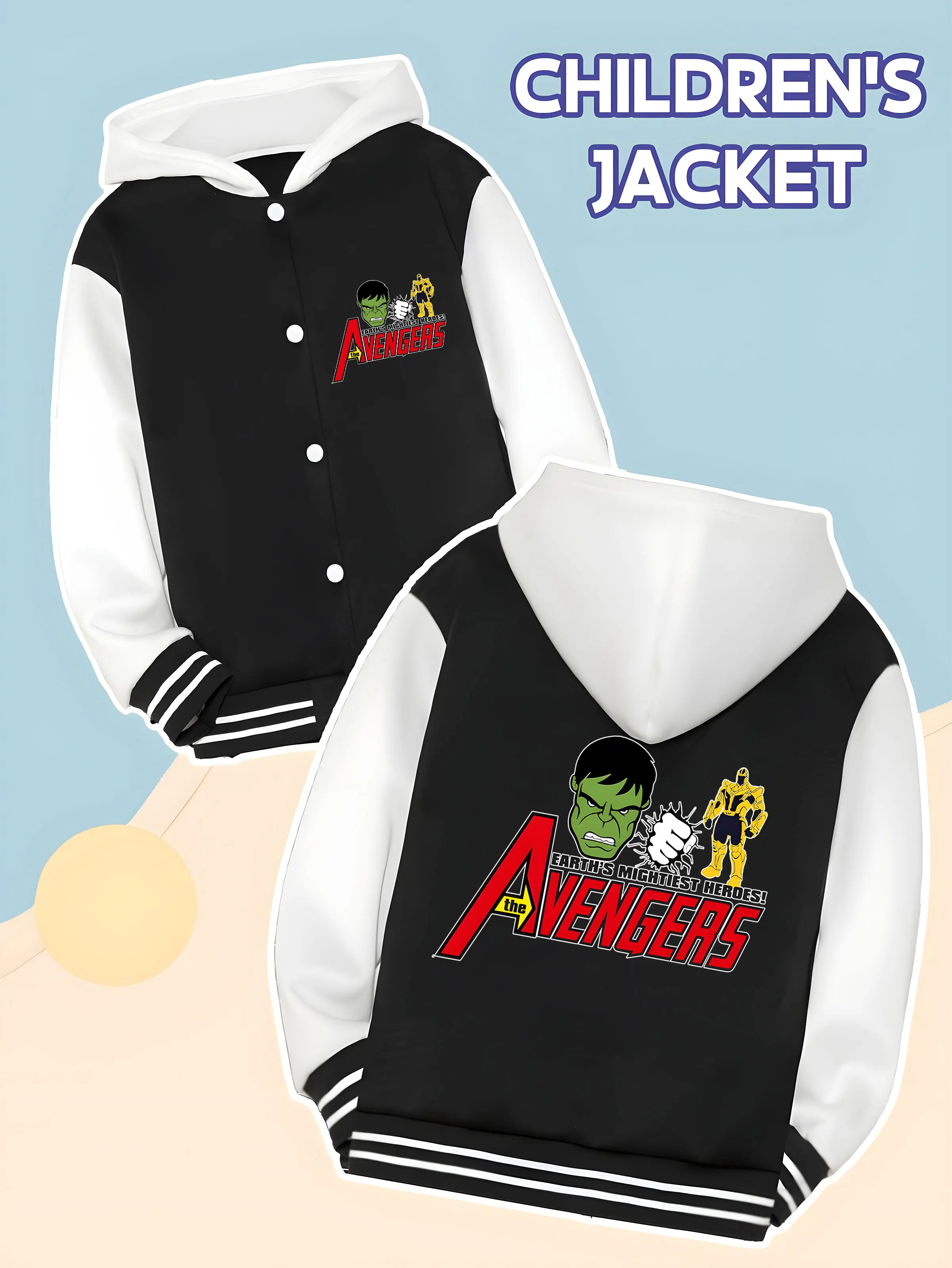 

MINISO Marvel Avengers Hulk Thanos Boys' Baseball Jacket - Hulk and Thanos Showdown Print, Double-sided Display of Heroes' Confr