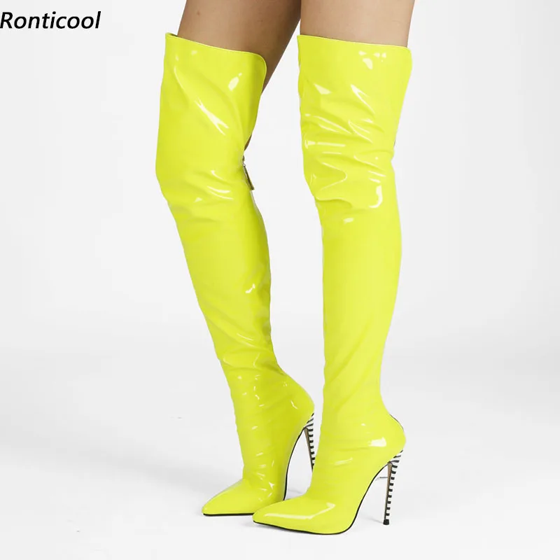 

Ronticool Hot Women Winter Over The Knee Boots Patent Leather Stiletto Heels Pointed Toe Yellow Orange Club Shoes Us Size 5-15