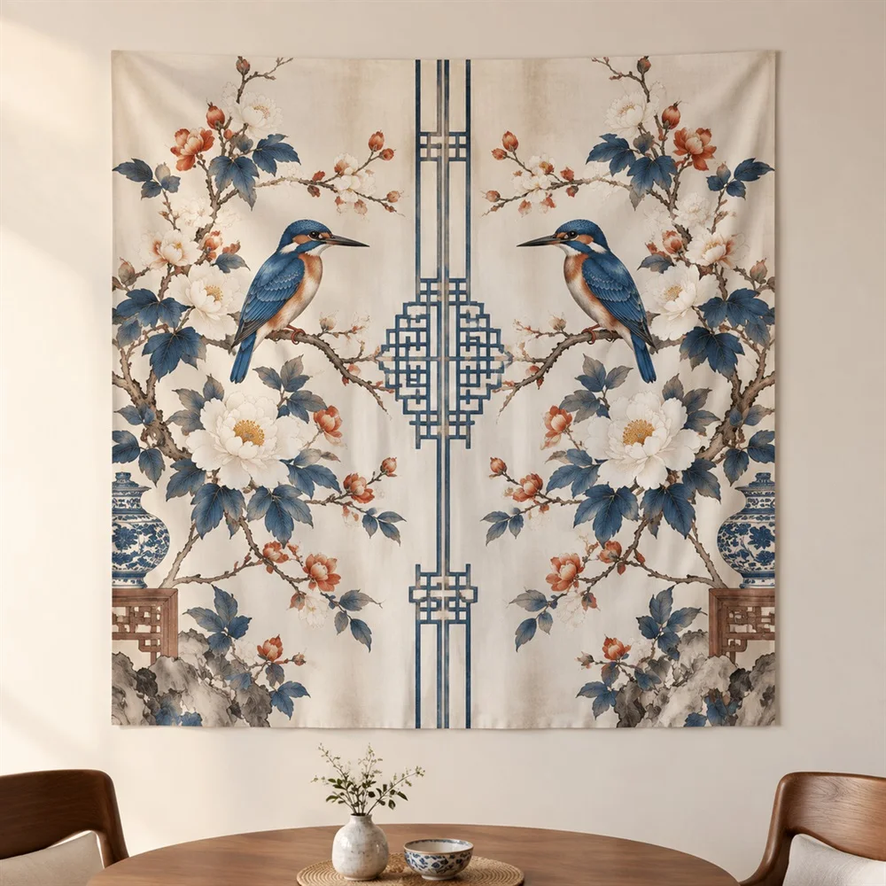VIKAMA Gongbi Bird Flower Mirror Symmetric Tapestry Wall Hanging, Oriental Wall Decor Tapestries for Living Room Bedroom