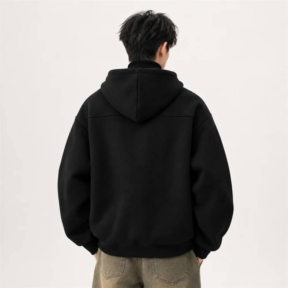 Unisex Faux Layered Deep V Neck Hoodie Relaxed Fit Casual Streetwear Sweatshirt