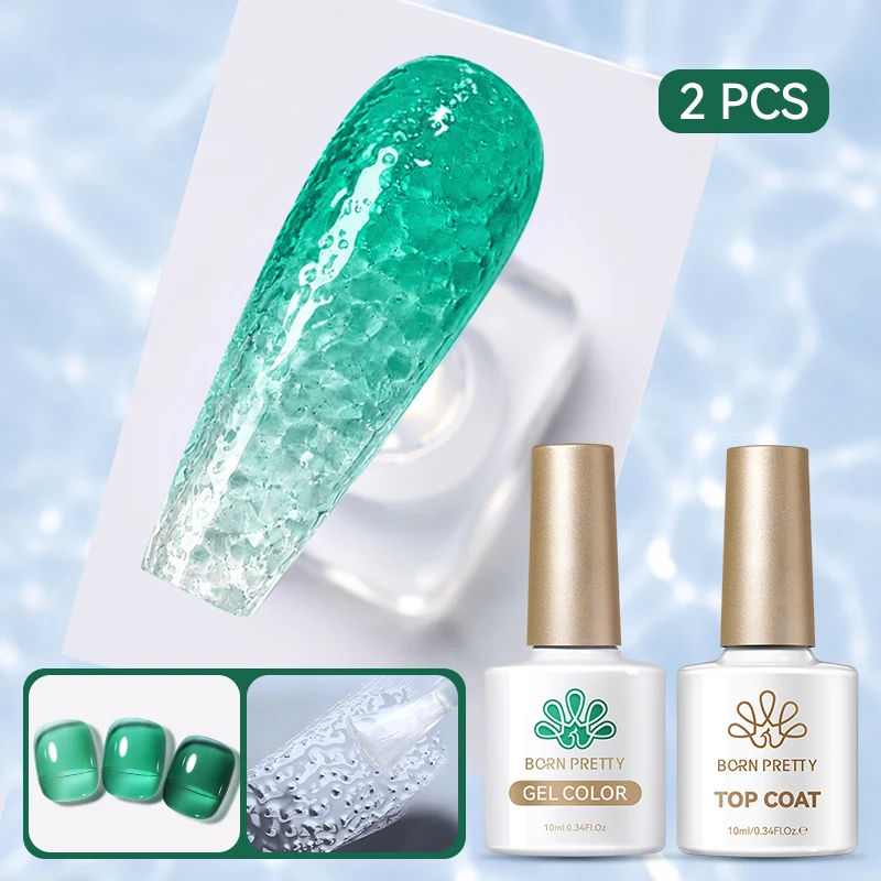 BORN PRETTY 2-teiliges Sommer-Set mit Transparentem Nagelgel und Wasserwellen-Top-Coat, Ohne Abwischen, Abziehbarer Jelly-Gel-Lack