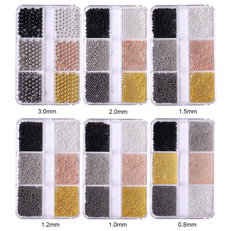 Perles de Caviar en acier inoxydable, 6 grilles, fournitures pour Nail Art, alliage de taille mixte, clous en or et argent, Design de bijoux, décoration DIY 0.8-3.0mm