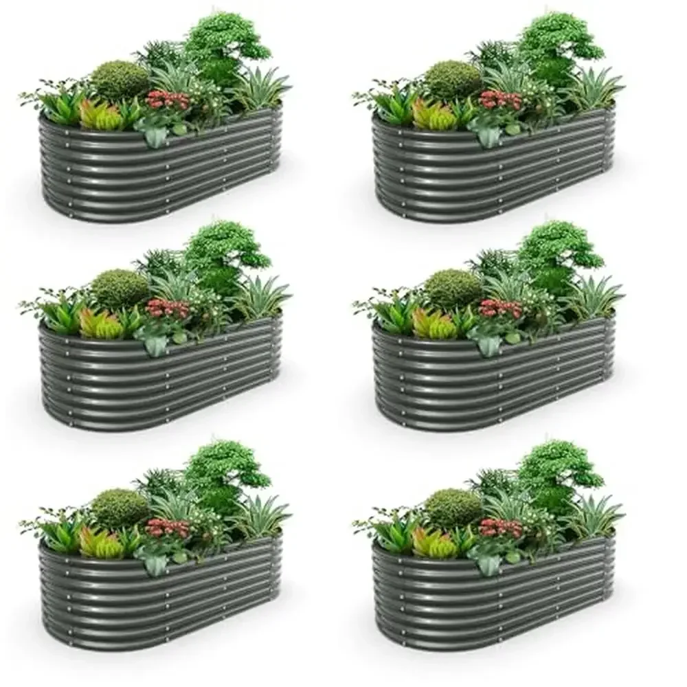 6-Piece Oval Metal Galvanized Raised Garden Bed Kit Deep Root Planters Outdoor Plants Quartz Grey Durable Construction 24