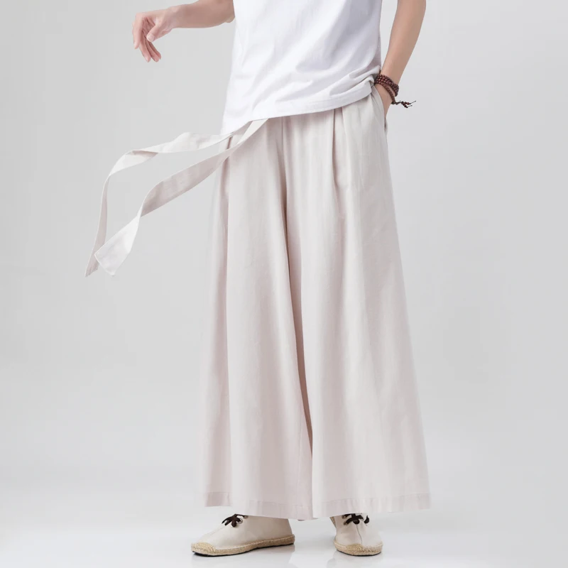 2023 Chinese Style Harajuku Linen Cotton Linen Pants Man Japanese Kimono Pants Male Streetwear Summer Retro Wide-Leg Trousers