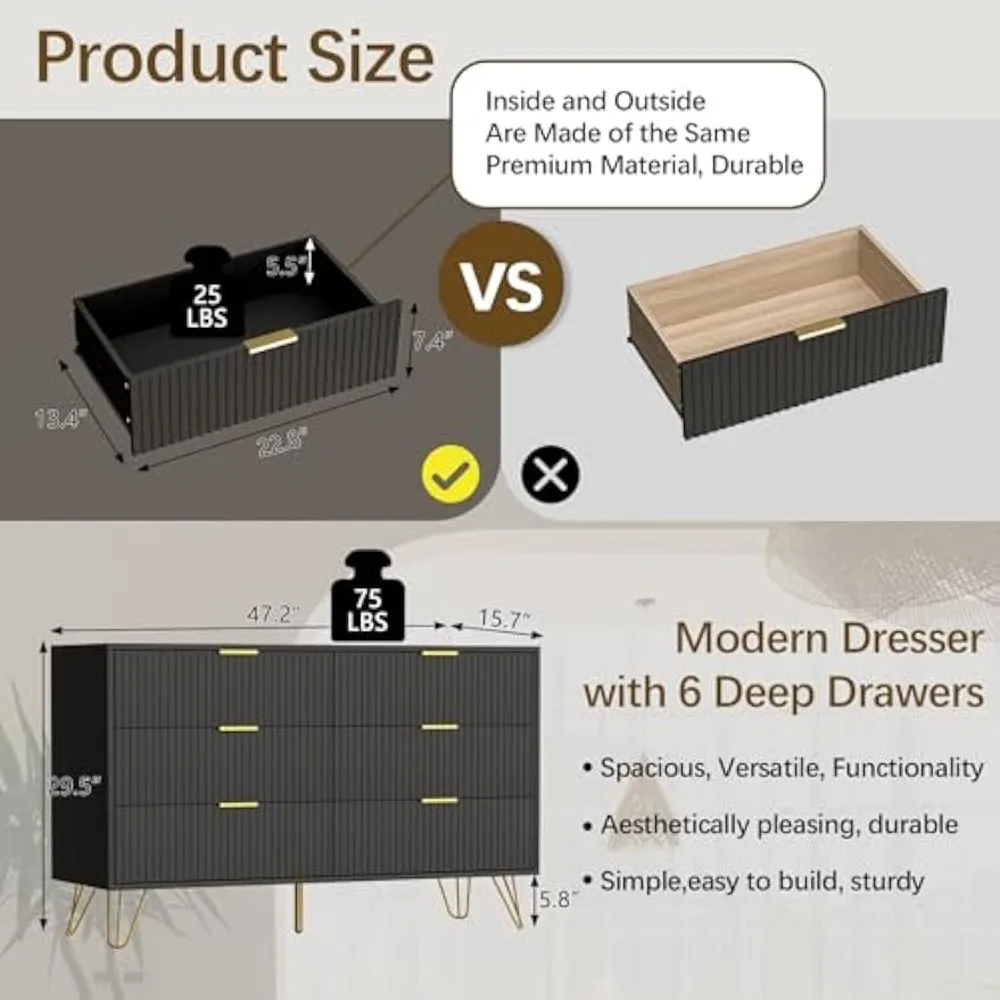 Black dresser, modern dresser for bedroom, 6-drawer dresser, wide drawer and gold handles, drawer locker