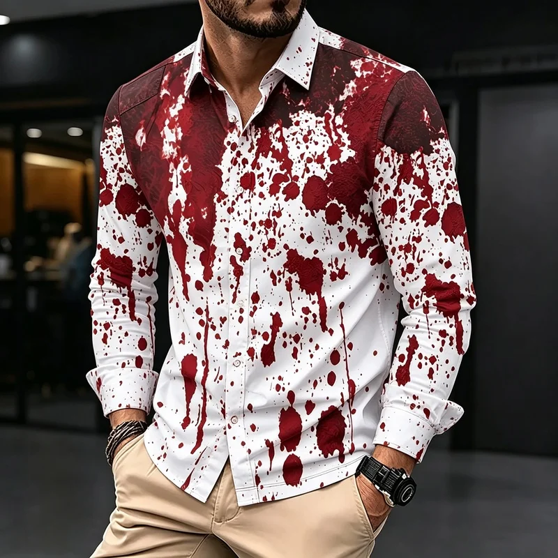 Creative White-Based Men's Long-Sleeved Shirt with Red Bloodstains a Funny Halloween Party Shirt with a Turn-Down Collar