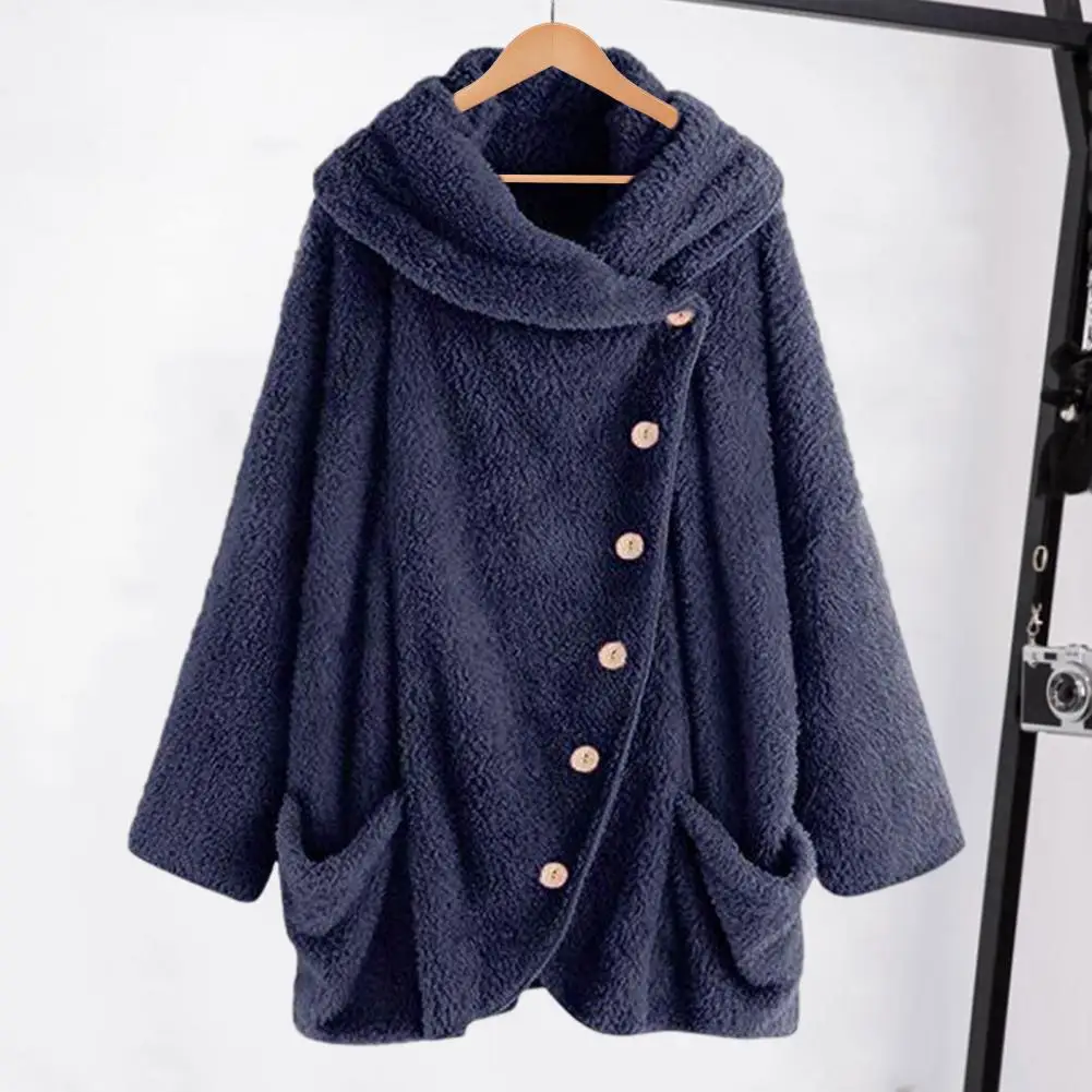 Casaco feminino de inverno cor pura botão inclinado fechamento outerwear solto dupla face lã com capuz jaqueta roupas femininas