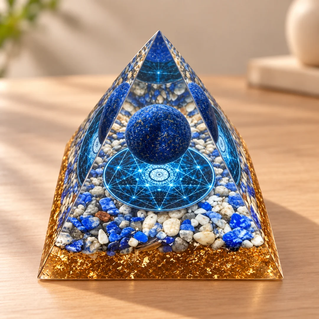 Sacred Geometry Orgonite Pyramid Natural Lapis Lazuli Sphere Crystal Chips Energy Generator Resin Meditation Home Decor Gift