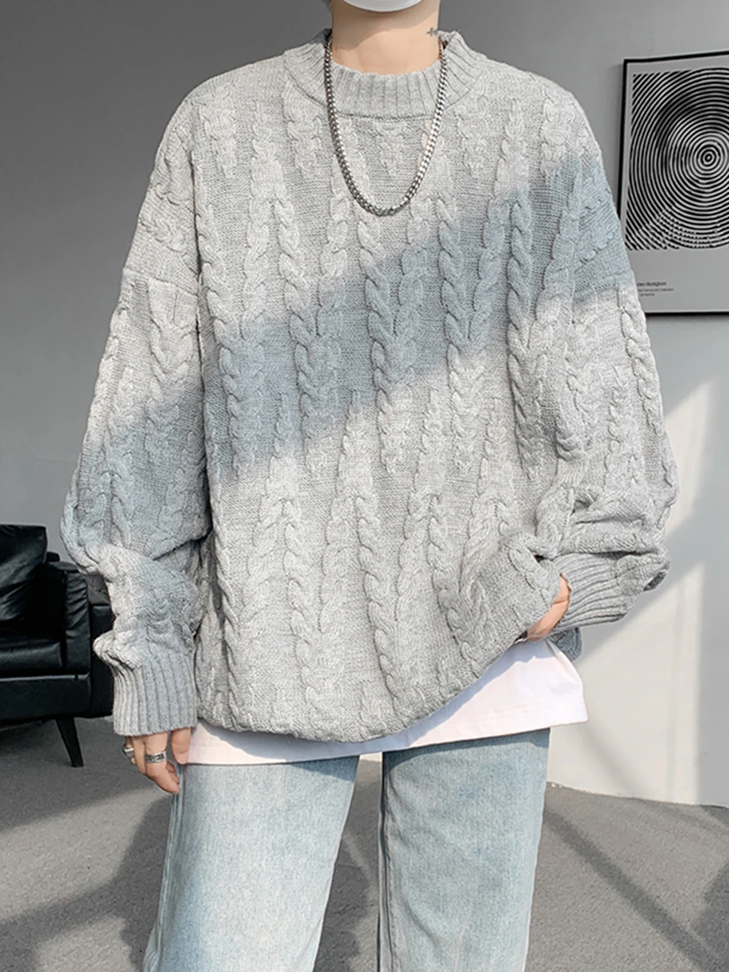 

Мужской вязаный свитер в стиле ретро с круглым вырезом, свободного кроя, с узором, повседневный, комфортный, зимний, модный