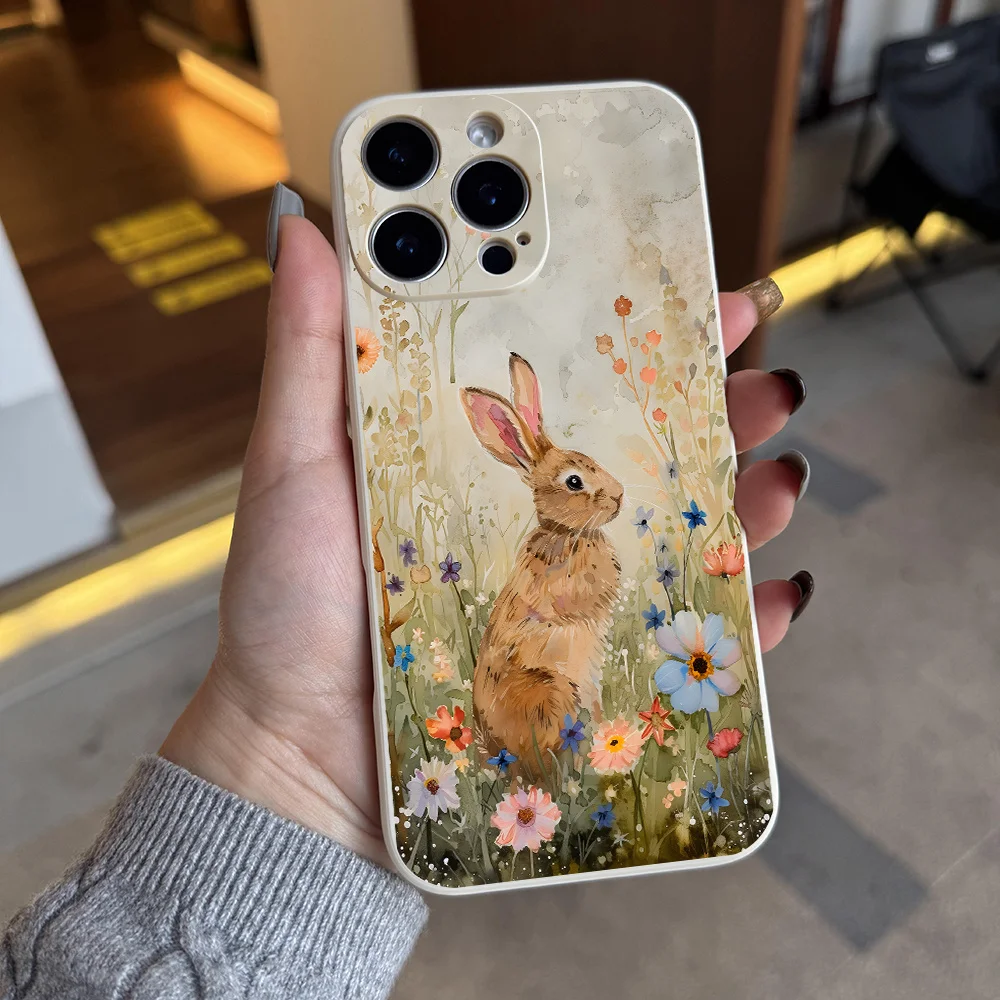 Custodia per telefono estetica con arte dell'acquerello del coniglio per iPhone 17 16 11 15 14 13 12 Pro Max Plus