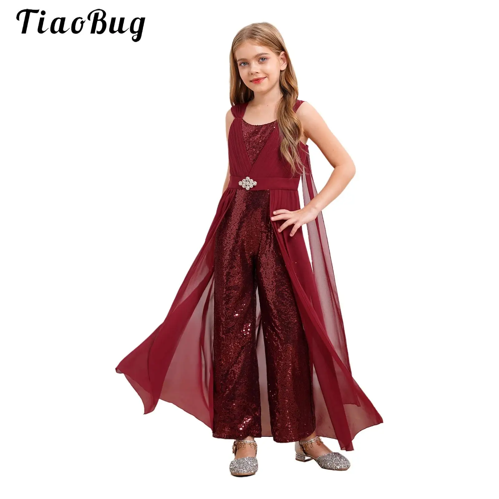 

Kids Jumpsuit Chiffon Overlay Shiny Sequin Flower Girl Wedding Birthday Party Dress Romper Suit for Banquet Pageant Ball Prom