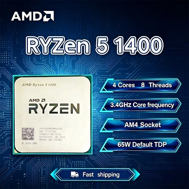 AMD Ryzen 5 1400 Processor 4-Core 8-Thread 3.2GHz Base 3.4GHz Max Boost AM4 Socket 8MB Cache 14nm 65W TDP Unlocked Desktop CPU