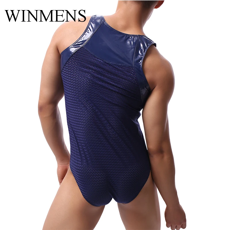 Solid Breathable Mesh Men\'s Sports Triangle Jumpsuit Sleeveless Male One Piece Pajama Fishnet Onesie Sleepwear Summer Bodysuit