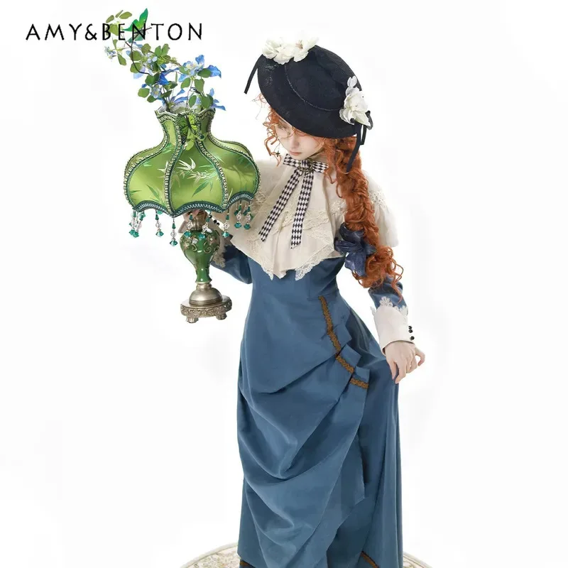 

25COSLolita Mori Retro Elegant Cla Long-sleeved OP Dress Gentle Temperament Bow Lace Cloak Splicing Fold Mid-length Dress for Wo