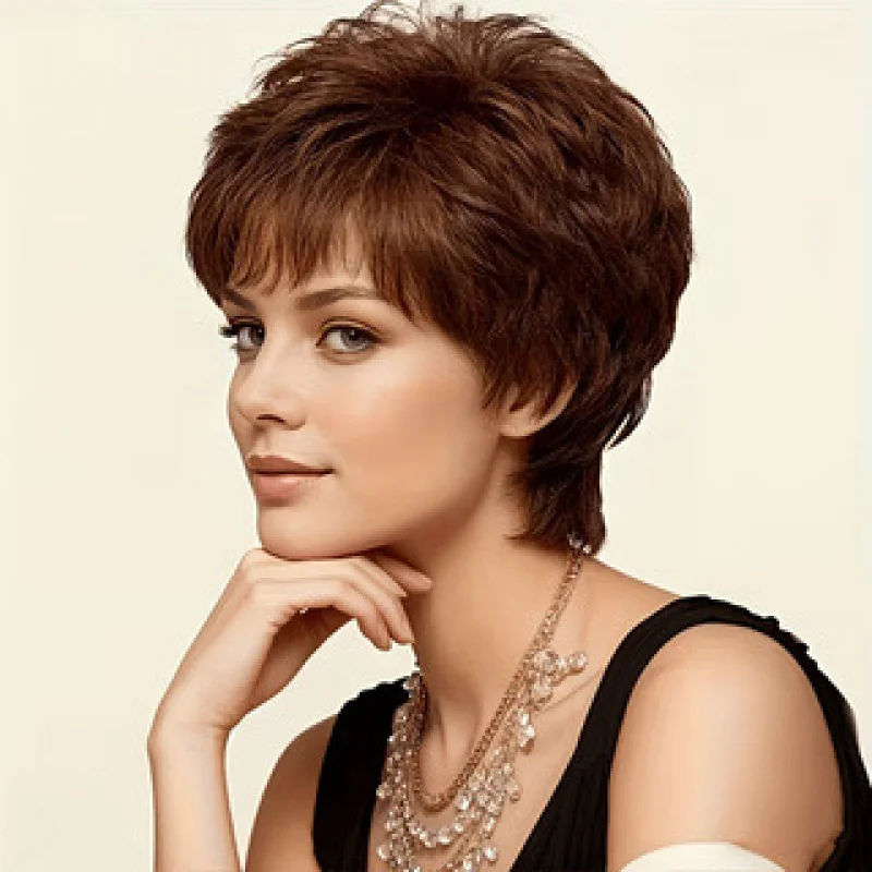 European and American fashion women's curly hair, brown slightly wavy full voluminous short wig