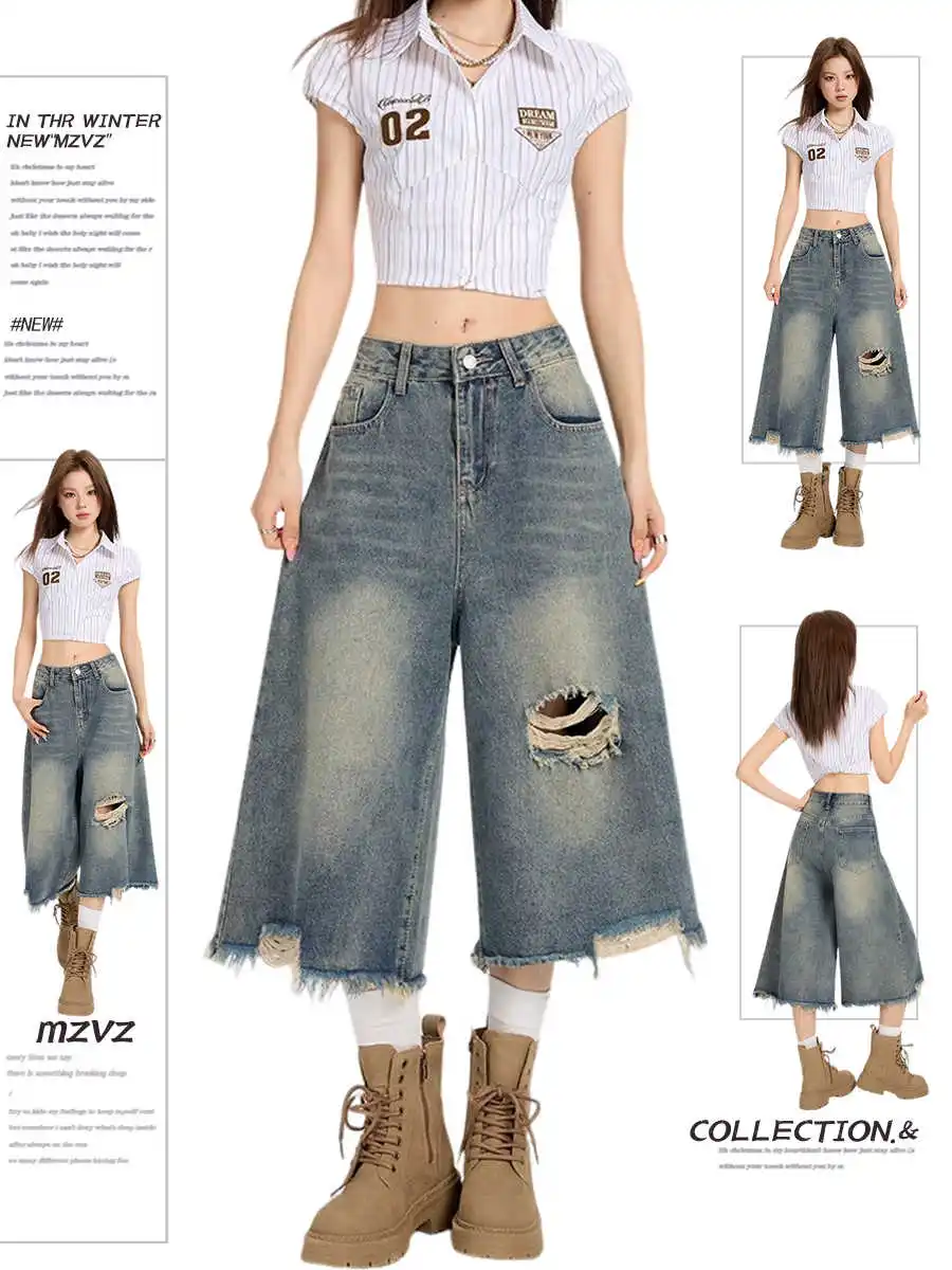 

2026 Summer Women American Retro Punk Ripped Denim Shorts Y2K 2000s Boyfriend Japanese Harajuku Jorts Jeans Calf-Length Pants
