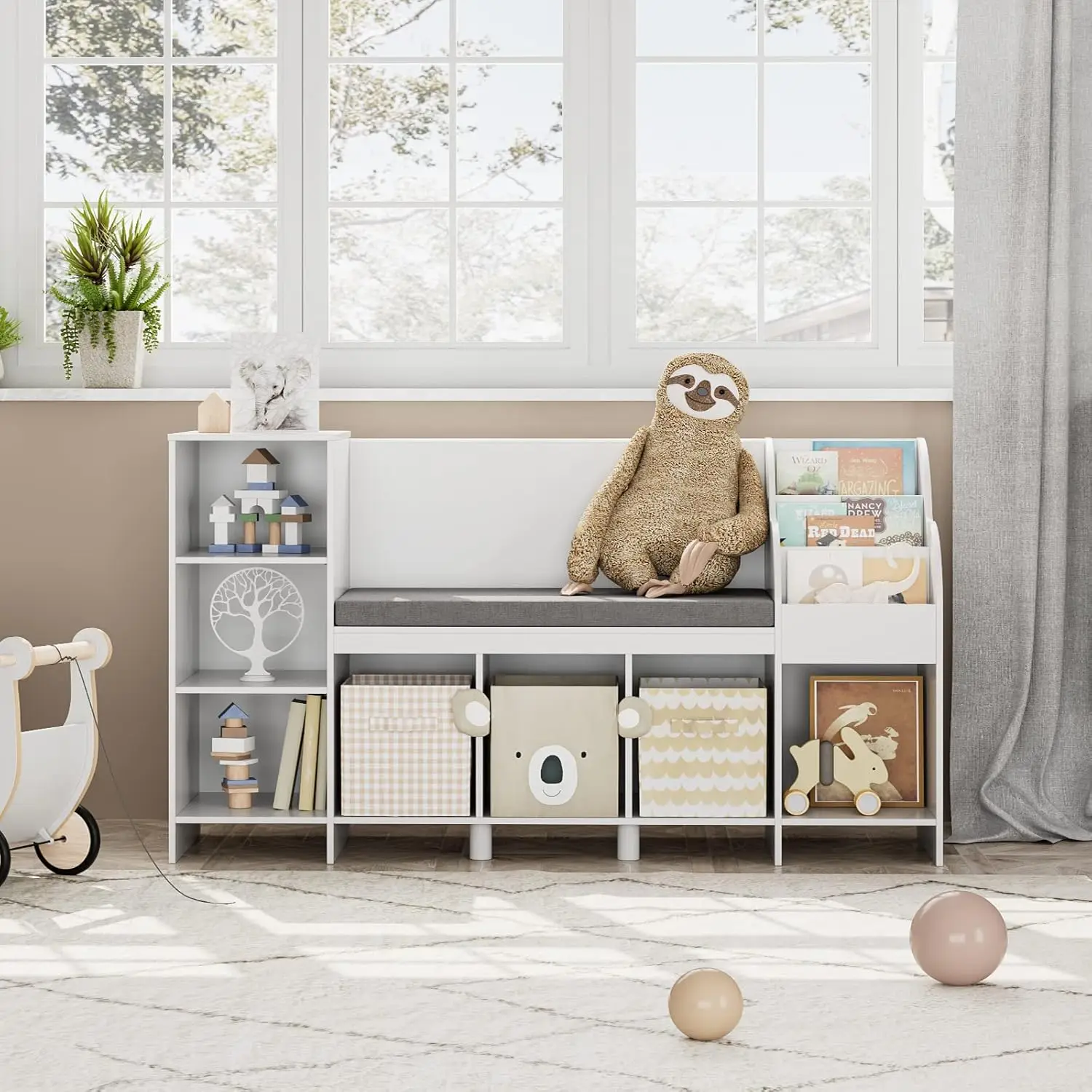 Kids Bookshelf with Reading Nook, Bookcase with Seat Cushion and Adjustable Shelf, Storage Bench with Book Rack for Bedr