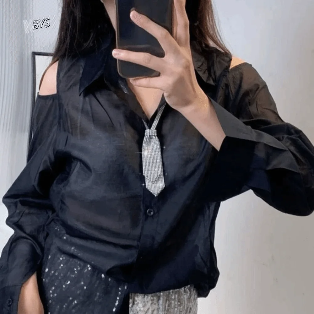 

Shiny Adjustable Rhinestone Necktie Double Layer Black Bow Ties Tassel Ribbon Black Necktie Cloth Accessories