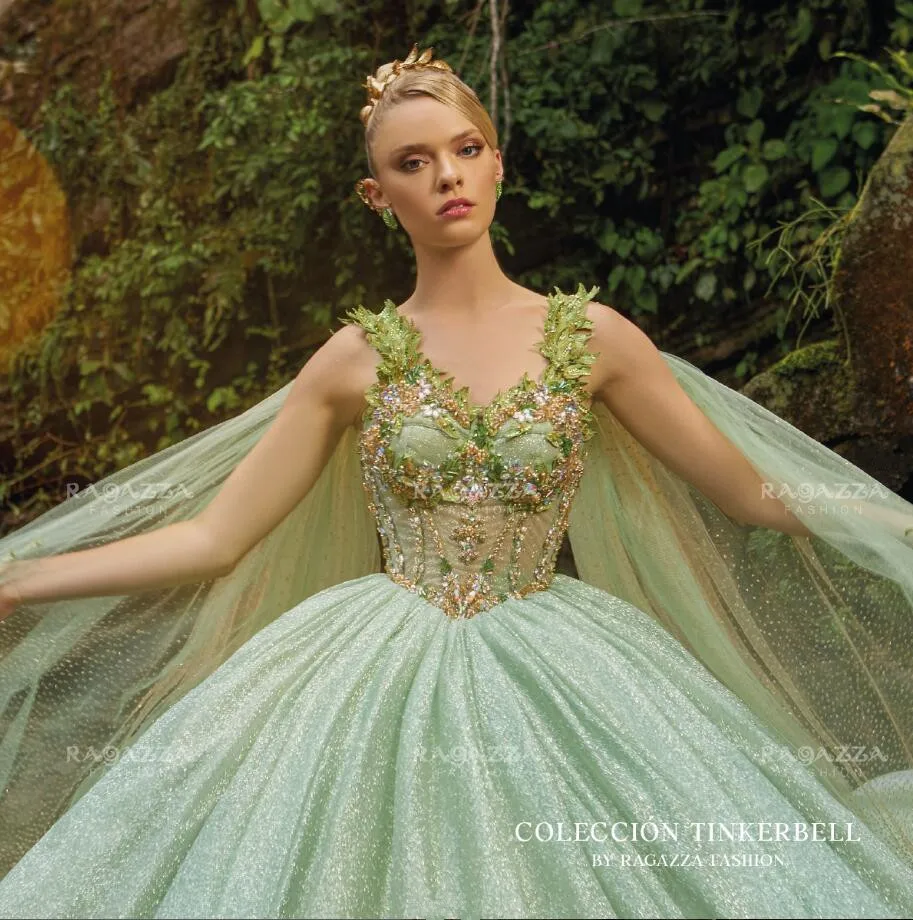 Vestido de quinceañera de princesa verde menta con capa, cristal brillante, Floral, vestidos de cumpleaños con cordones