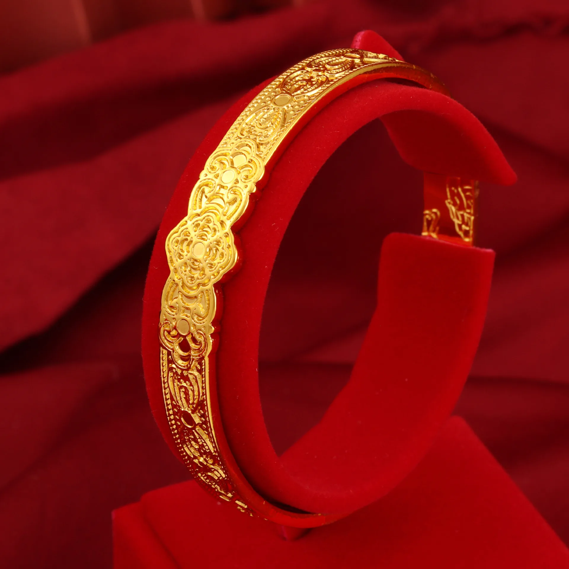 

Luxury 24K 9999 Pure Gold real gold Women's smooth 10mm wide vintage fish scale pattern open bracelet