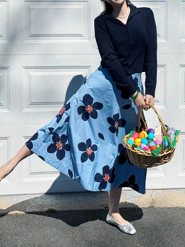 Blauwe Bloemenprint A-lijn Midi Rok Hoge Taille Drapey Zomer Herfst Nieuwe Sle Vrouwen Faion Pendelen Koreaanse Versie Rok