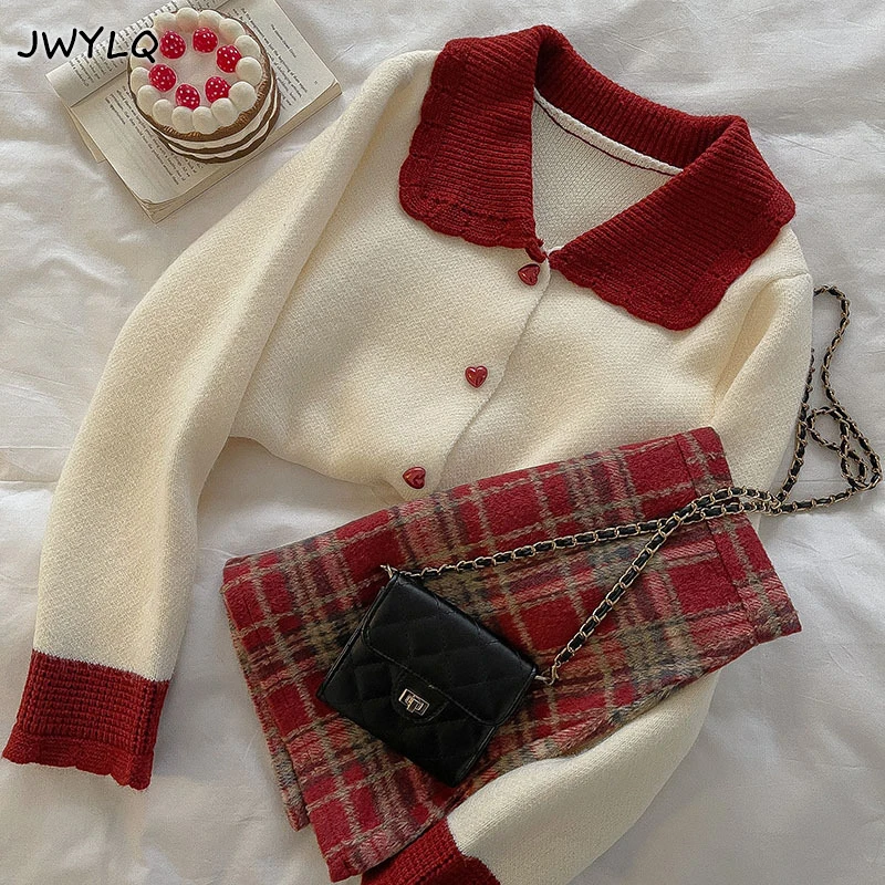 Autumn Winter Sweet Preppy Style Knitted Sweater Casual Hit Color Long Sleeves Cute Sweater Fashion Milk White Cardigan Sweater