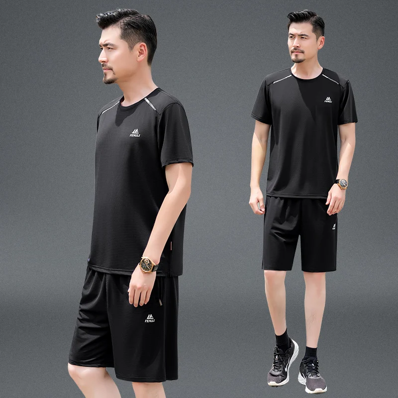 

Casual Sportswear Set for Men round Ne ort Sve T-irt orts Qui Dry Summer Leisure Outfit Middle-Aged Men's Faion
