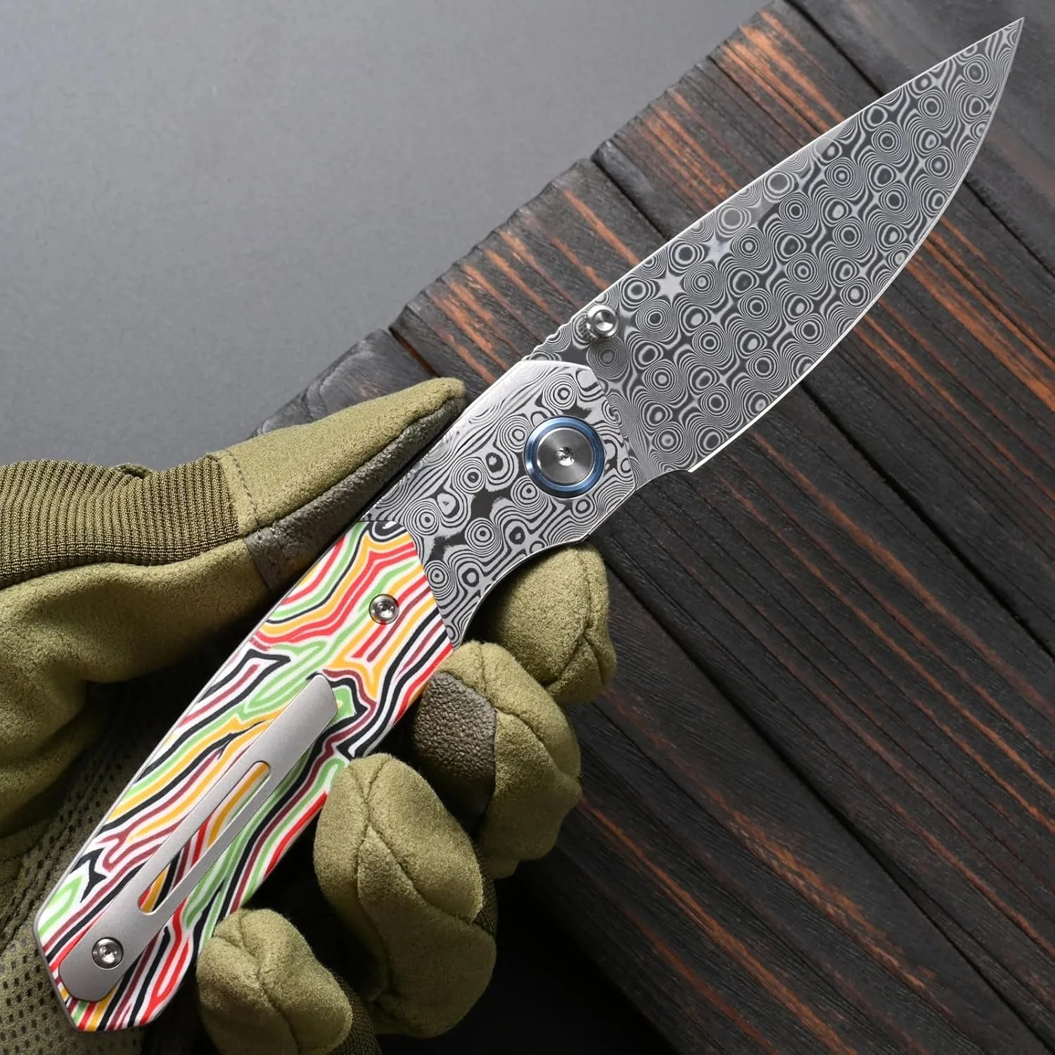 Sitivien ST271 دمشق/M390 شفرة فولاذية سكين للفرد مزدوج اللون G10 مقبض سكين جيب للتخييم في الهواء الطلق التنزه الصيد #5