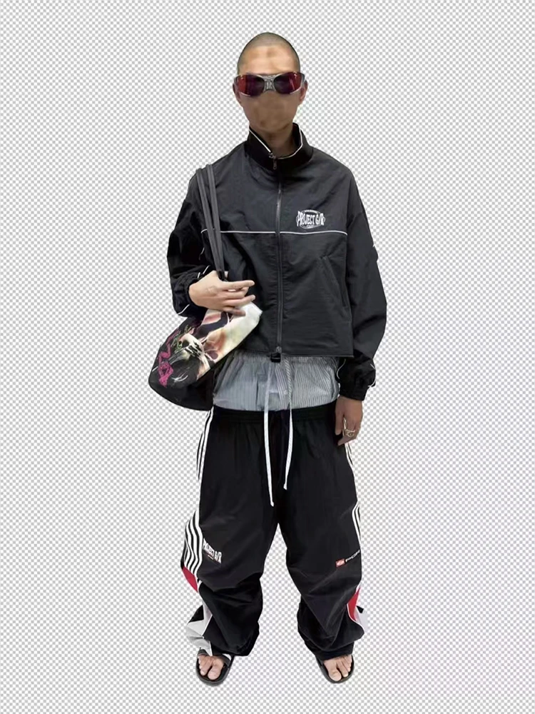 

Ailz Project Vibe Nylon Patchwork Color Blo Striped Embroidery Sportswear Set Youth Casual Sportswear Long Sve Long Pants