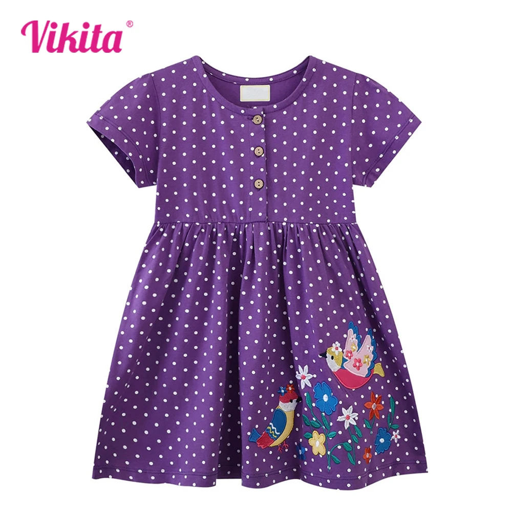 VIKITA Kids Flower Bird Cartoon Appliqued Dress Girls Polka Dot Short Sleeve Summer Cotton Casual Daily Purple Straight Dresses