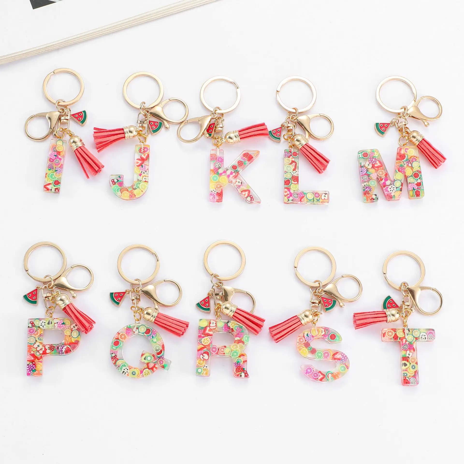 Watermelon Fruit Color Initial Letter A-Z Resin Key Ring Cup Key Chains DIY Jewelry Gifts