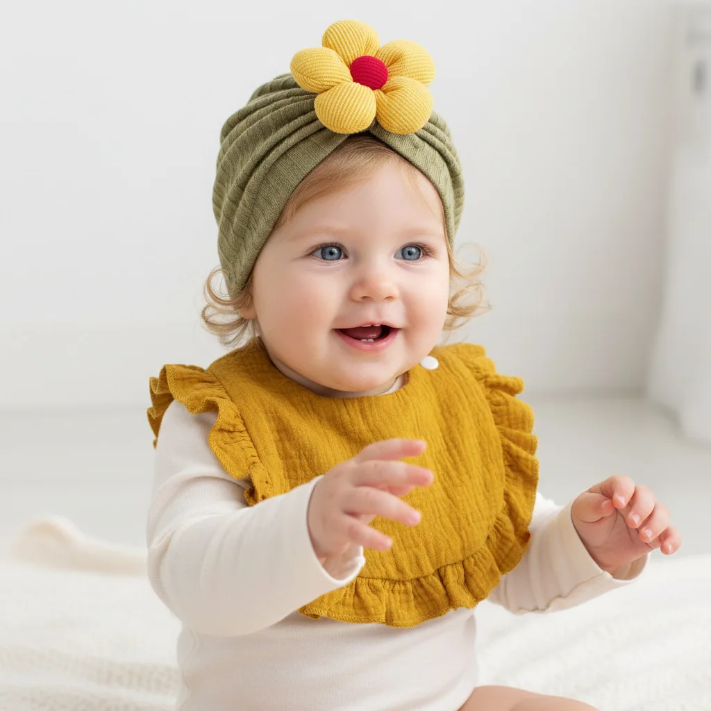 2Pcs Baby Bib & Hat Set Cotton Muslin Gauze Ruffle Bib 3D Flower Turban Hat Newborn Infant Toddler Saliva Towel Gift Items