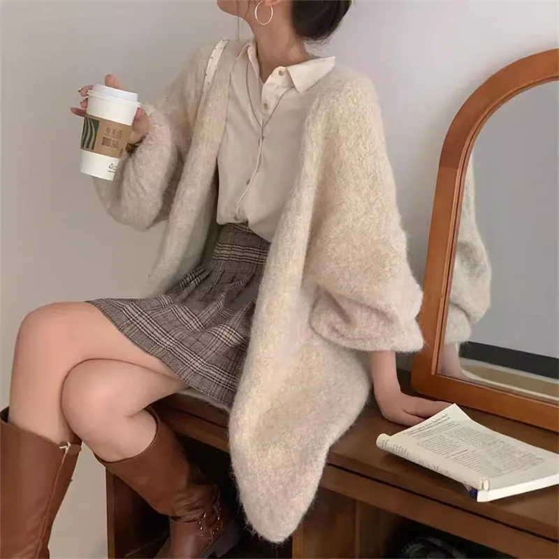 

Корейский стиль, ленивый стиль, вязаный кардиган с рукавами-фонариками для женщин, осенне-зимняя новая свободная и высококачественная утолщенная куртка