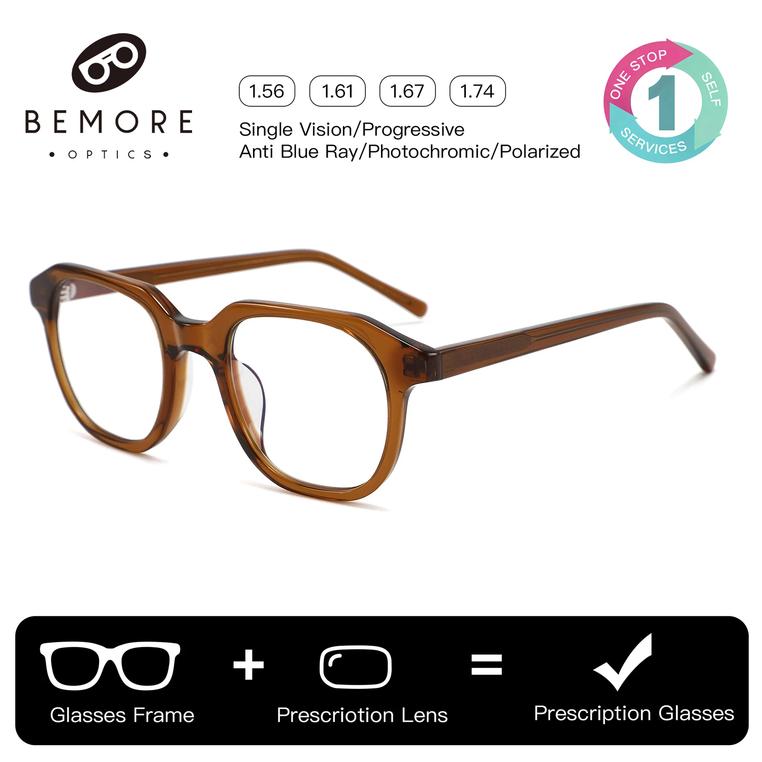

BEMORE Fashion Geometric Square Handmade Acetate Progressive Multifocal Glasses Anti-Blue Ray Photochromic Prescription Eyewear