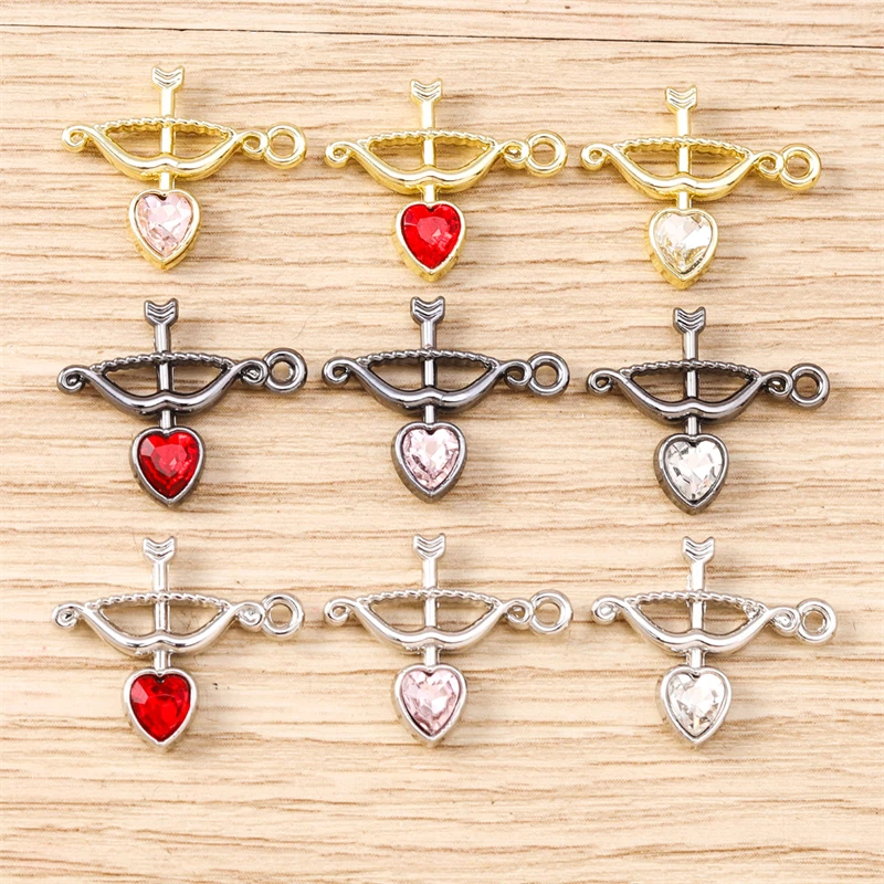 5pcs 18x16mm Cute Crystal Alloy Heart Arrow Charms Pendants for Jewelry Making Necklaces Earrings Bracelets DIY Crafts Supplies