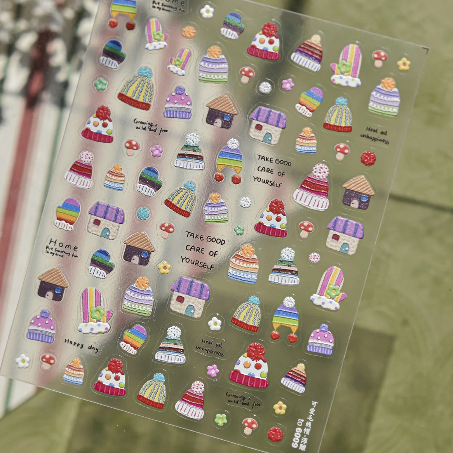 Winter Forest Knit Nail Decals 5D Color Striped Knit Hat Gloves Log Cabin Mushroom Wild Berries Nail Art Stickers Warm Manicure