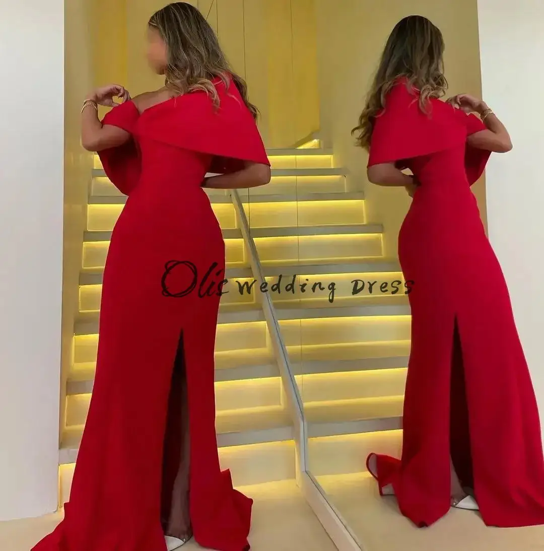 customized  Arabia Red Evening Dresses Mermaid Off The Shoulder Prom Dresses Pleated Satin Floor Length Formal Party Dresses